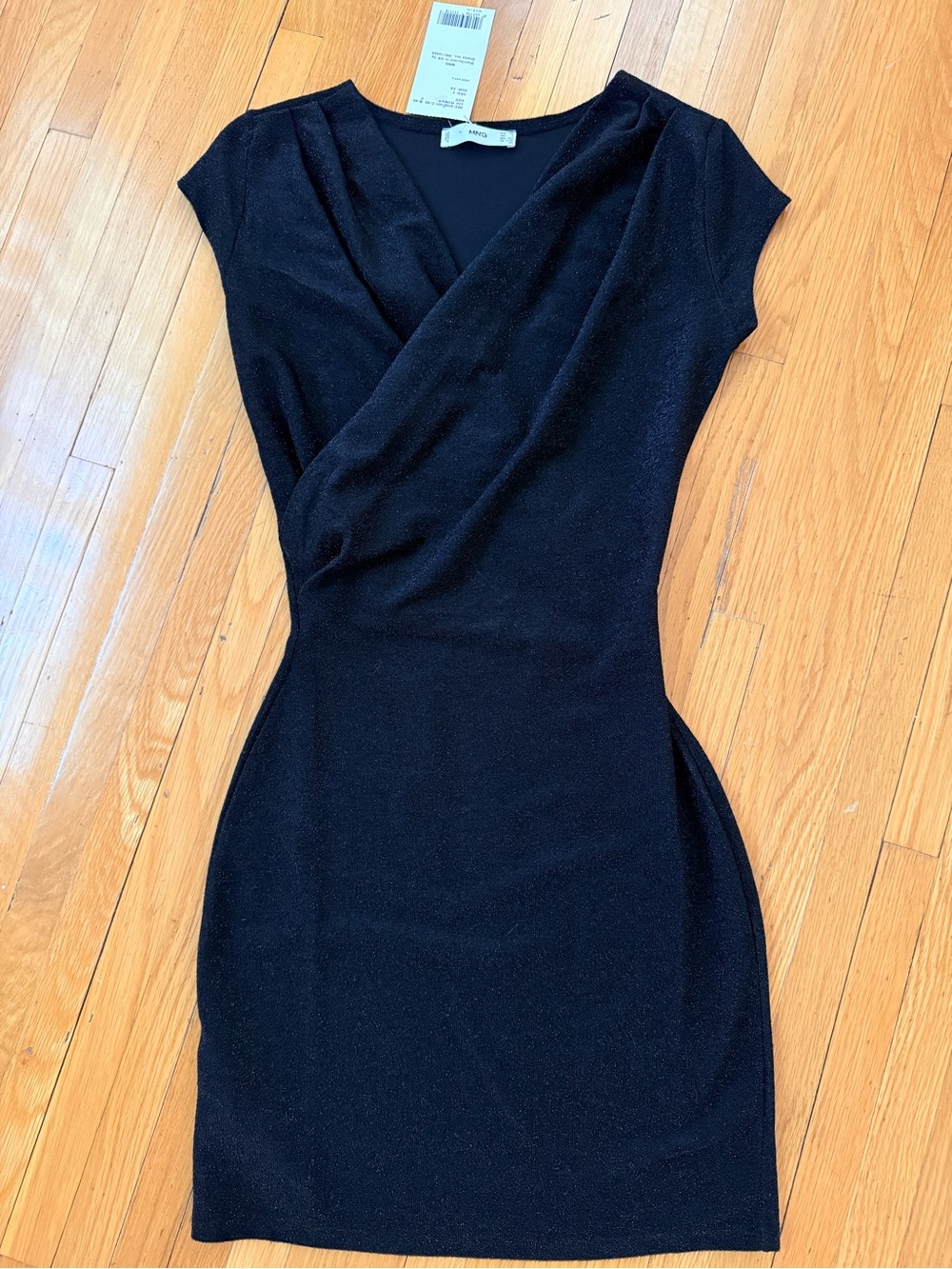 NWT MNG Black Cap-Sleeve Faux-Wrap Mini Dress